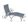 A gray foldable lounge chair with dimensions clearly marked. It has a height of 37.79 inches at the backrest, a length of 48.82 inches from the front edge of the seat to the end of the footrest, and various other measurements noted. The chair also features a detachable cup-holder tray on the side, suitable for outdoor relaxation. gray foldable lounge chair, outdoor lounge chair, chair dimensions, detachable cup-holder.

