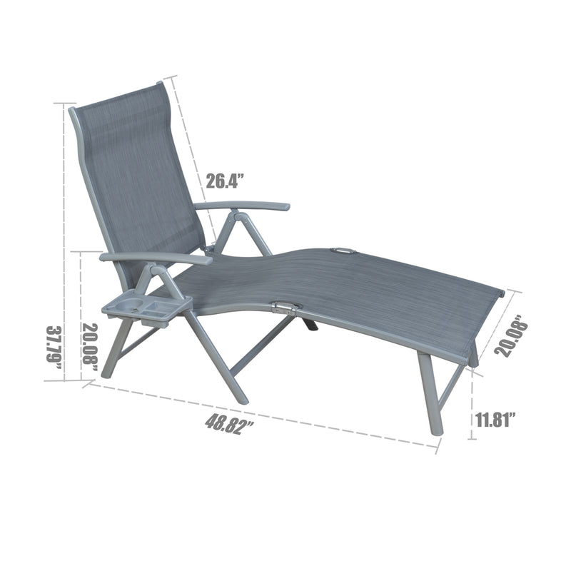 A gray foldable lounge chair with dimensions clearly marked. It has a height of 37.79 inches at the backrest, a length of 48.82 inches from the front edge of the seat to the end of the footrest, and various other measurements noted. The chair also features a detachable cup-holder tray on the side, suitable for outdoor relaxation. gray foldable lounge chair, outdoor lounge chair, chair dimensions, detachable cup-holder.

