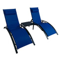 Blue Lounge Chair Set with Headrests and Side Table
alt text：A set of two blue lounge chairs with headrests, accompanied by a small side table, perfect for outdoor relaxation. Keywords: blue lounge chairs, headrests, side table
