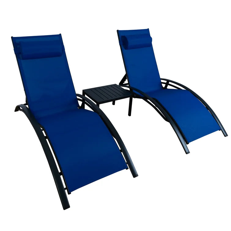 Blue Lounge Chair Set with Headrests and Side Table
alt text：A set of two blue lounge chairs with headrests, accompanied by a small side table, perfect for outdoor relaxation. Keywords: blue lounge chairs, headrests, side table
