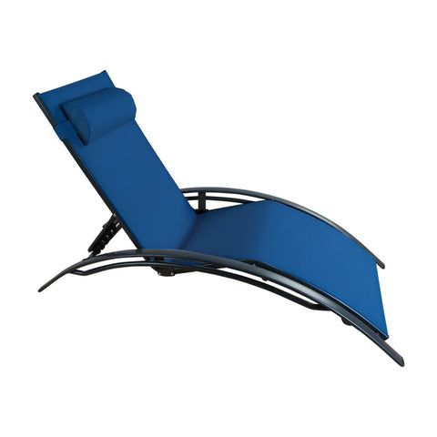 Comfortable Blue Lounge Chair with Headrest
alt text：A single blue lounge chair with a headrest, showcasing its sleek design and comfortable structure, ideal for outdoor relaxation. Keywords: blue lounge chair, headrest, outdoor relaxation