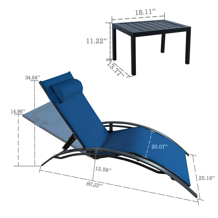 Dimensions of Blue Lounge Chair and Side Table
alt text：A technical illustration showing the precise dimensions of a blue lounge chair with a headrest and a small side table. Keywords: blue lounge chair, side table, dimensions
