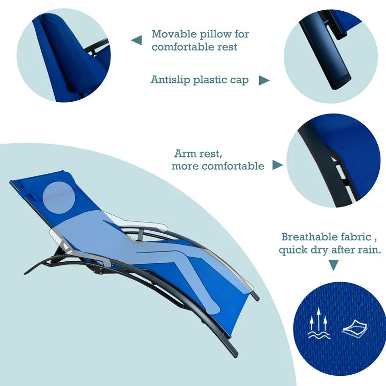 Features of the Blue Lounge Chair
alt text：An infographic highlighting key features of a blue lounge chair, including a movable pillow, antislip plastic caps, armrests, and breathable fabric. Keywords: blue lounge chair, features, comfort, breathability
