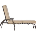 Adjustable Outdoor Lounge Chair
alt text：A side view of an adjustable outdoor lounge chair with a metal frame and beige cushions, suitable for relaxation by the pool or on the patio. Keywords: adjustable lounge chair, outdoor furniture, beige cushions