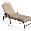 Dimensions of Adjustable Outdoor Lounge Chair
alt text：A diagram showing the measurements of an adjustable outdoor lounge chair with a beige cushion and metal frame, labeled with various dimensions. Keywords: outdoor lounge chair, dimensions, adjustable
