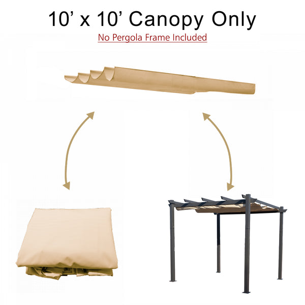 10' x 10' Beige Pergola Canopy (Frame Not Included)
alt text：A 10' x 10' beige canopy for pergola, shown in folded and installed states, with note that pergola frame is not included. Keywords: pergola canopy, 10' x 10', beige, no frame
