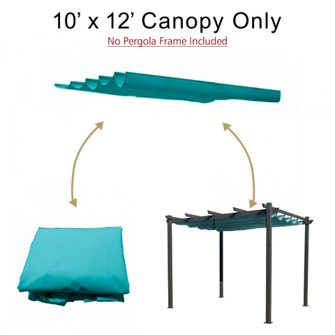 10' x 12' Turquoise Pergola Canopy (Frame Not Included)
A 10' x 12' turquoise canopy for pergola, shown in folded and installed states, with note that pergola frame is not included. Keywords: pergola canopy, 10' x 12', turquoise, no frame
