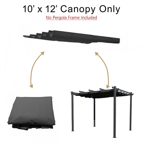 10' x 12' Black Pergola Canopy (Frame Not Included)
A 10' x 12' black canopy for pergola shown in folded and installed states, with note that pergola frame is not included. Keywords: pergola canopy, 10' x 12', black, no frame
