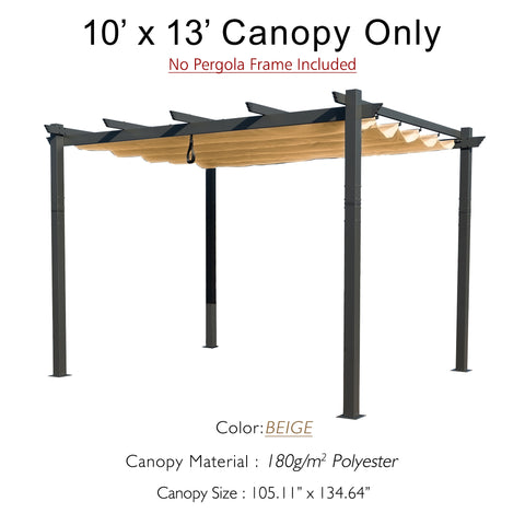 10' x 13' Pergola Canopy Details
A 10' x 13' pergola with a beige canopy, indicating "No Pergola Frame Included". Details include color (beige), canopy material (180g/m² polyester), and canopy size (105.11"x 134.64"). Keywords: pergola canopy, dimensions, material
