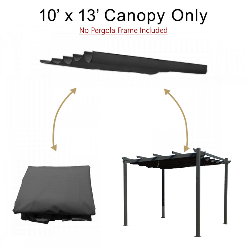 10' x 13' Pergola Canopy
A 10' x 13' black pergola canopy shown in rolled - up and deployed states, with a note indicating "No Pergola Frame Included". Keywords: pergola canopy, 10' x 13', no frame included