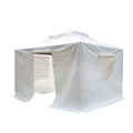 Title: White Outdoor Tent with Rolled-Up Windows
Alt Text: White outdoor tent with rolled-up windows and entrance flaps, isolated on a white background.
Keywords: white outdoor tent, rolled-up windows, portable canopy, weatherproof shelter, outdoor gear, camping tent, event tent