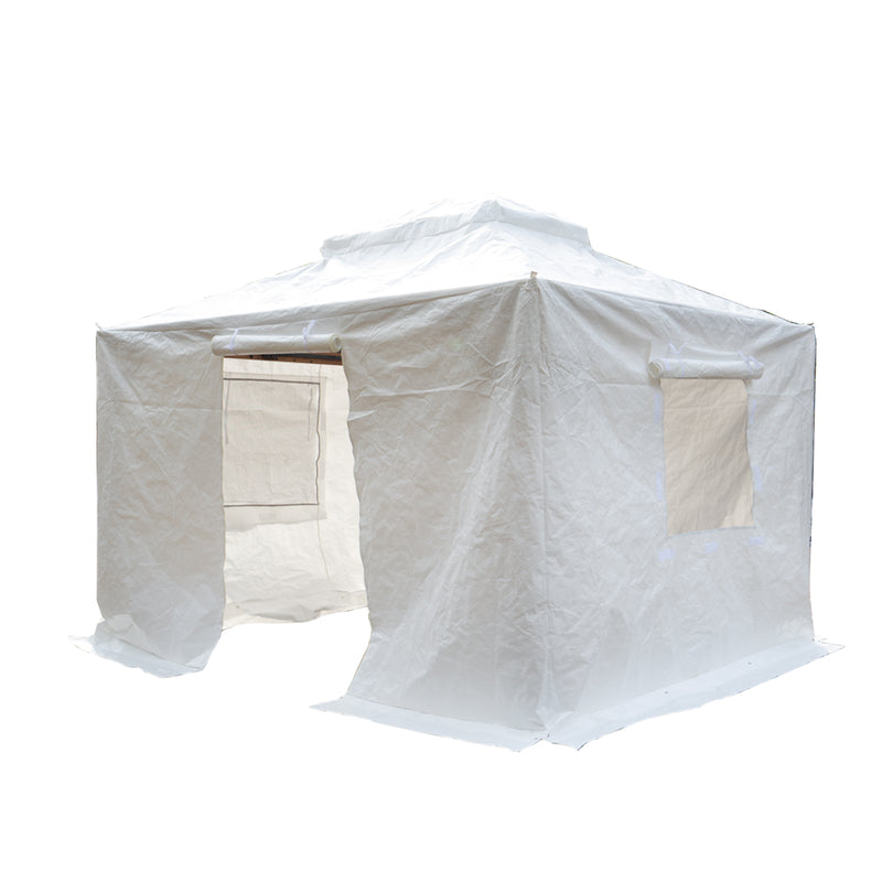 Title: White Outdoor Tent with Rolled-Up Windows
Alt Text: White outdoor tent with rolled-up windows and entrance flaps, isolated on a white background.
Keywords: white outdoor tent, rolled-up windows, portable canopy, weatherproof shelter, outdoor gear, camping tent, event tent