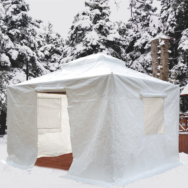 Title: White Outdoor Tent in Snowy Setting
Alt Text: White outdoor tent with rolled-up window and entrance flaps, set in a snowy forest environment.
Keywords: white outdoor tent, snowy setting, winter camping, forest tent, weatherproof shelter, outdoor gear, portable canopy