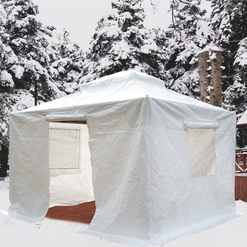 Title: White Outdoor Tent in Snowy Setting
Alt Text: White outdoor tent with rolled-up window and entrance flaps, set in a snowy forest environment.
Keywords: white outdoor tent, snowy setting, winter camping, forest tent, weatherproof shelter, outdoor gear, portable canopy