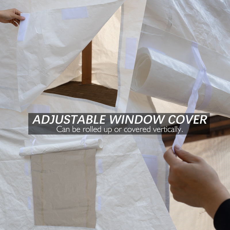 Title: Adjustable Tent Window Cover for Camping - Roll-Up or Vertical Design
Alt Text: Adjustable tent window cover being rolled up, showcasing its vertical design with mesh window for camping ventilation.
Keywords: adjustable window cover, tent window cover, roll-up tent window, camping tent accessories, vertical window cover, tent ventilation, outdoor camping gear
