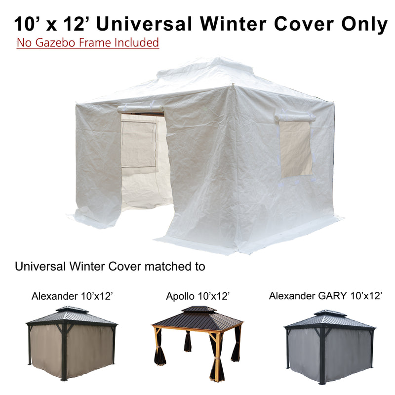 Title: 10x12 Universal Winter Cover for Gazebos - Fits Alexander, Apollo, Gary Models
Alt Text: 10x12 universal winter cover for gazebos, compatible with Alexander, Apollo, and Gary 10x12 models, shown with cover only (no frame included).
Keywords: 10x12 winter cover, universal gazebo cover, Alexander 10x12, Apollo 10x12, Gary 10x12, gazebo winter protection, outdoor gazebo accessories
