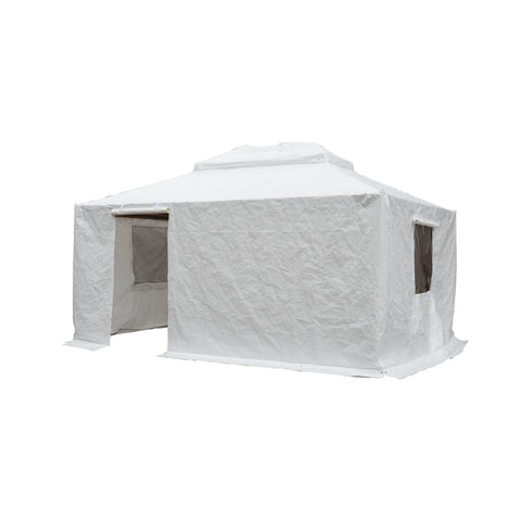 A white cover for an outdoor gazebo, featuring a doorway and mesh - covered windows. The cover appears to be made of a durable fabric, likely designed to protect the gazebo and provide a sheltered space. White Outdoor Gazebo Cover with Mesh Windows. outdoor gazebo cover, white cover, mesh windows, gazebo protection.