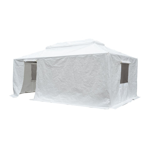 A white cover for an outdoor gazebo, featuring a doorway and mesh - covered windows. The cover appears to be made of a durable fabric, likely designed to protect the gazebo and provide a sheltered space. White Outdoor Gazebo Cover with Mesh Windows. outdoor gazebo cover, white cover, mesh windows, gazebo protection.