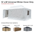 A 12’ x 20’ white universal winter cover for outdoor gazebos is shown, with text stating "12’ x 20’ Universal Winter Cover Only" and "No Gazebo Frame Included". Below the main image, it indicates that this cover is compatible with Alexander 12'x20', Apollo 12'x20', and Alexander GARY 12'x20' gazebo models, accompanied by small images of these gazebos. 12’ x 20’ Universal Winter Cover for Outdoor Gazebos. outdoor gazebo cover, 12x20 winter cover, universal cover, Alexander gazebo, Apollo gazebo.