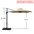 Side - view illustration of a beige cantilever patio umbrella with dimensions. The height of the pole is 8.56 feet and the width of the canopy is 6.6 feet. Note: Counter weight is required and not included in the package.
Diagram showing the measurements of an outdoor offset umbrella. The pole stands at 8.56 feet and the canopy spans 6.6 feet. Warning: Counter weight not provided. Cantilever Patio Umbrella Dimensions: Counter Weight Not Included. Outdoor Offset Umbrella: Size Details 