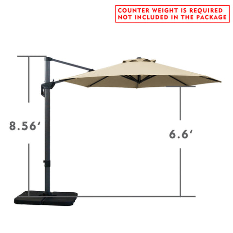 Side - view illustration of a beige cantilever patio umbrella with dimensions. The height of the pole is 8.56 feet and the width of the canopy is 6.6 feet. Note: Counter weight is required and not included in the package.
Diagram showing the measurements of an outdoor offset umbrella. The pole stands at 8.56 feet and the canopy spans 6.6 feet. Warning: Counter weight not provided. Cantilever Patio Umbrella Dimensions: Counter Weight Not Included. Outdoor Offset Umbrella: Size Details 