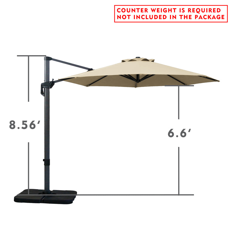 Side - view illustration of a beige cantilever patio umbrella with dimensions. The height of the pole is 8.56 feet and the width of the canopy is 6.6 feet. Note: Counter weight is required and not included in the package.
Diagram showing the measurements of an outdoor offset umbrella. The pole stands at 8.56 feet and the canopy spans 6.6 feet. Warning: Counter weight not provided. Cantilever Patio Umbrella Dimensions: Counter Weight Not Included. Outdoor Offset Umbrella: Size Details 