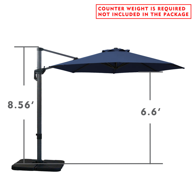 Side - view illustration of a beige cantilever patio umbrella with dimensions. The height of the pole is 8.56 feet and the width of the canopy is 6.6 feet. Note: Counter weight is required and not included in the package.
Diagram showing the measurements of an outdoor offset umbrella. The pole stands at 8.56 feet and the canopy spans 6.6 feet. Warning: Counter weight not provided. Cantilever Patio Umbrella Dimensions: Counter Weight Not Included. Outdoor Offset Umbrella: Size Details 