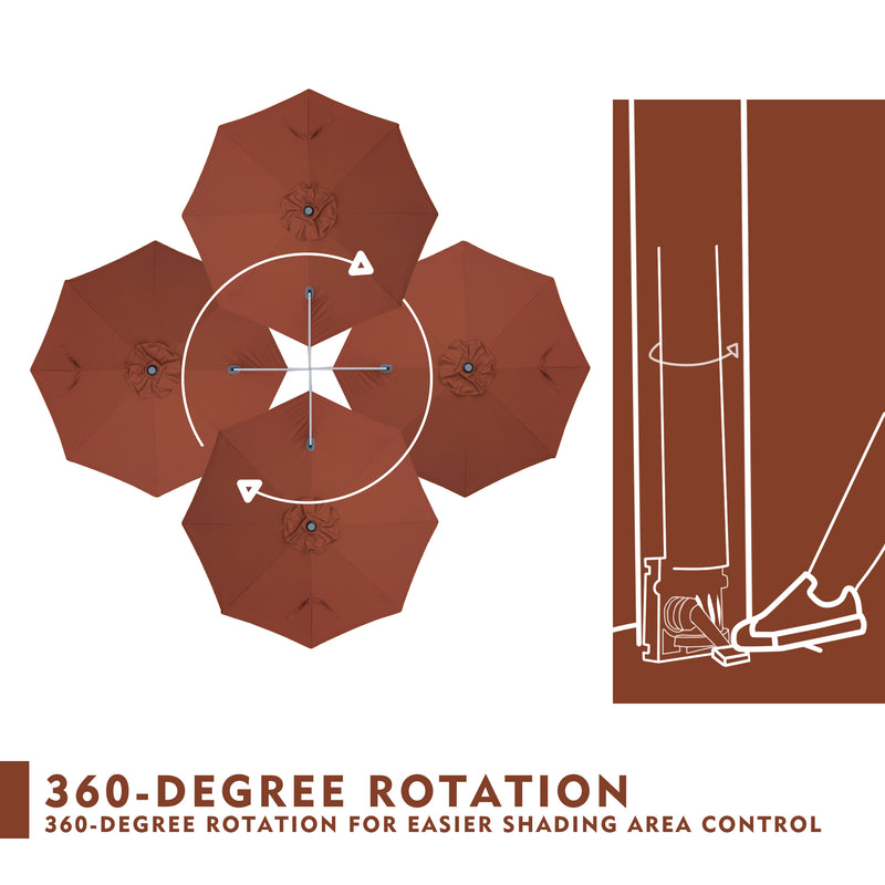Diagram showing an outdoor umbrella's 360 - degree rotation feature for better shading control. Illustrations include top - down views of umbrellas in various positions and a side - view mechanism with a foot - operated control.
Visual guide of an umbrella's 360 - degree rotation system. The image displays multiple umbrella positions from above and a detailed drawing of the rotation mechanism's operation.“Outdoor Umbrella: 360 - Degree Rotation for Optimal Shading”
