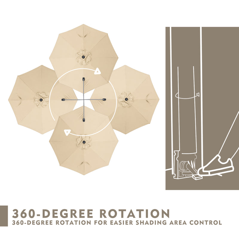 Diagram showing an outdoor umbrella's 360 - degree rotation feature for better shading control. Illustrations include top - down views of umbrellas in various positions and a side - view mechanism with a foot - operated control.
Visual guide of an umbrella's 360 - degree rotation system. The image displays multiple umbrella positions from above and a detailed drawing of the rotation mechanism's operation.“Outdoor Umbrella: 360 - Degree Rotation for Optimal Shading”
