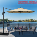 A beige cantilever patio umbrella set up on a wooden deck overlooking the lake. Note: Counter weight is required and not included in the package.
Outdoor offset umbrella providing shade near wicker chairs by the lake side. Counter weight needed, not part of the package. Lake side Cantilever Umbrella: Counter Weight Not Included. Ocean - View Patio Umbrella: Counter Weight Required. cantilever umbrella, patio umbrella, outdoor umbrella, seaside umbrella, counter weight, wicker chairs, lake - view