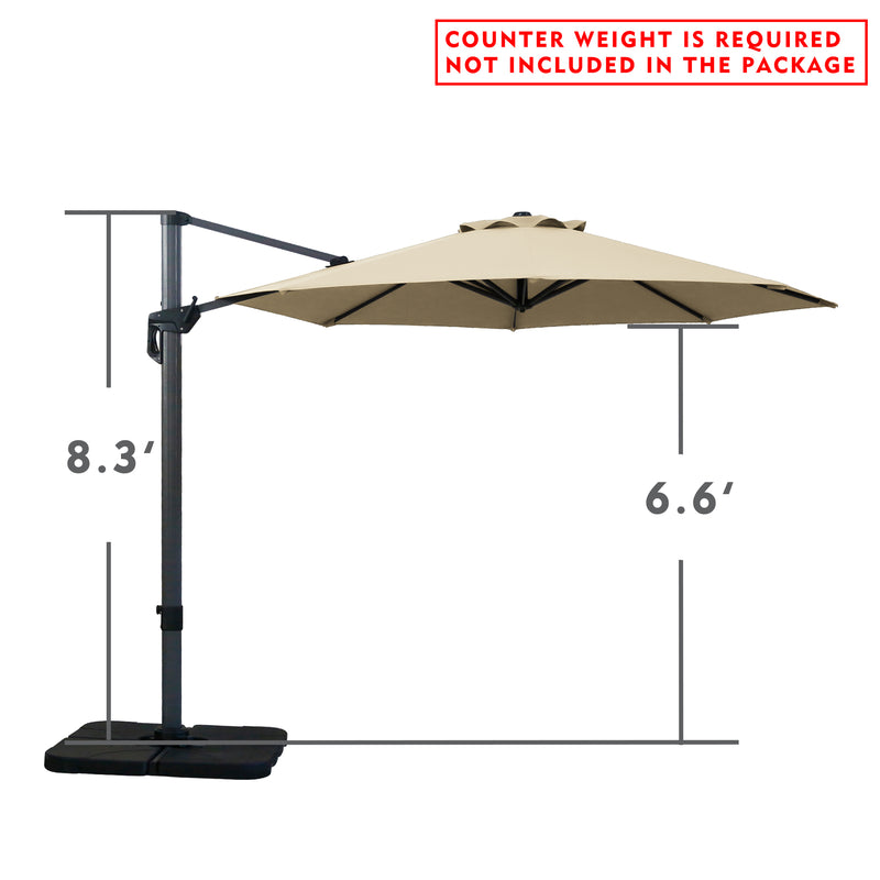 Side - view illustration of a beige cantilever patio umbrella with dimensions. The height of the pole is 8.3 feet and the width of the canopy is 6.6 feet. Note: Counter weight is required and not included in the package.
Diagram showing the measurements of an outdoor offset umbrella. The pole stands at 8.3 feet and the canopy spans 6.6 feet. Warning: Counter weight not provided. Cantilever Patio Umbrella Dimensions: Counter Weight Not Included. Outdoor Offset Umbrella: Size Details 