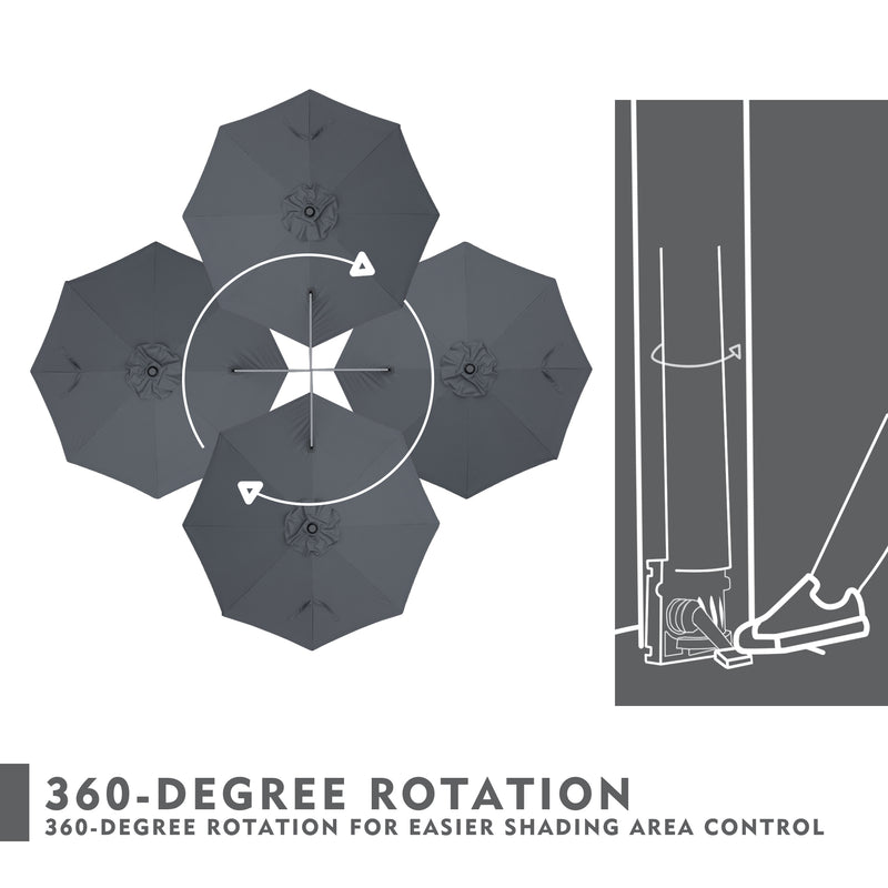 Diagram showing an outdoor umbrella's 360 - degree rotation feature for better shading control. Illustrations include top - down views of umbrellas in various positions and a side - view mechanism with a foot - operated control.
Visual guide of an umbrella's 360 - degree rotation system. The image displays multiple umbrella positions from above and a detailed drawing of the rotation mechanism's operation.“Outdoor Umbrella: 360 - Degree Rotation for Optimal Shading”
