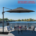 A gray cantilever patio umbrella set up on a wooden deck overlooking the lake. Note: Counter weight is required and not included in the package.
Outdoor offset umbrella providing shade near wicker chairs by the lake side. Counter weight needed, not part of the package. Lake side Cantilever Umbrella: Counter Weight Not Included. Ocean - View Patio Umbrella: Counter Weight Required. cantilever umbrella, patio umbrella, outdoor umbrella, seaside umbrella, counter weight, wicker chairs, lake - view