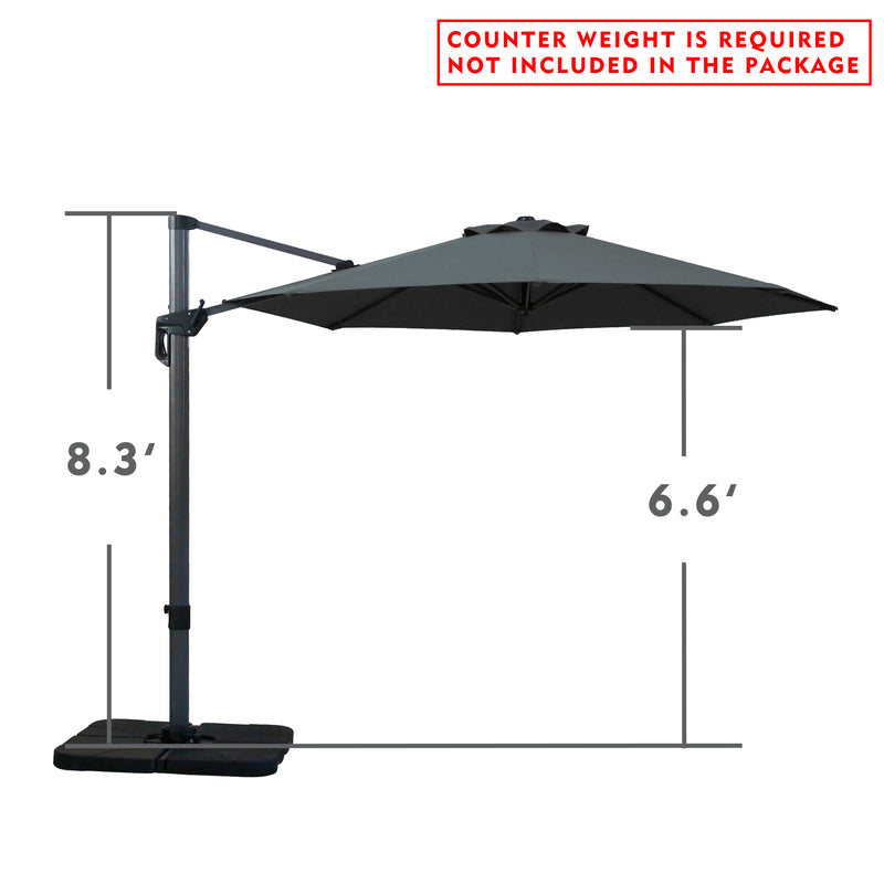 Side - view illustration of a beige cantilever patio umbrella with dimensions. The height of the pole is 8.56 feet and the width of the canopy is 6.6 feet. Note: Counter weight is required and not included in the package.
Diagram showing the measurements of an outdoor offset umbrella. The pole stands at 8.56 feet and the canopy spans 6.6 feet. Warning: Counter weight not provided. Cantilever Patio Umbrella Dimensions: Counter Weight Not Included. Outdoor Offset Umbrella: Size Details 