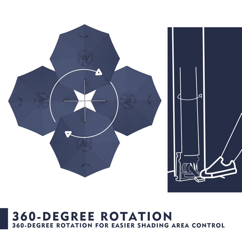 Diagram showing an outdoor umbrella's 360 - degree rotation feature for better shading control. Illustrations include top - down views of umbrellas in various positions and a side - view mechanism with a foot - operated control.
Visual guide of an umbrella's 360 - degree rotation system. The image displays multiple umbrella positions from above and a detailed drawing of the rotation mechanism's operation.“Outdoor Umbrella: 360 - Degree Rotation for Optimal Shading”
