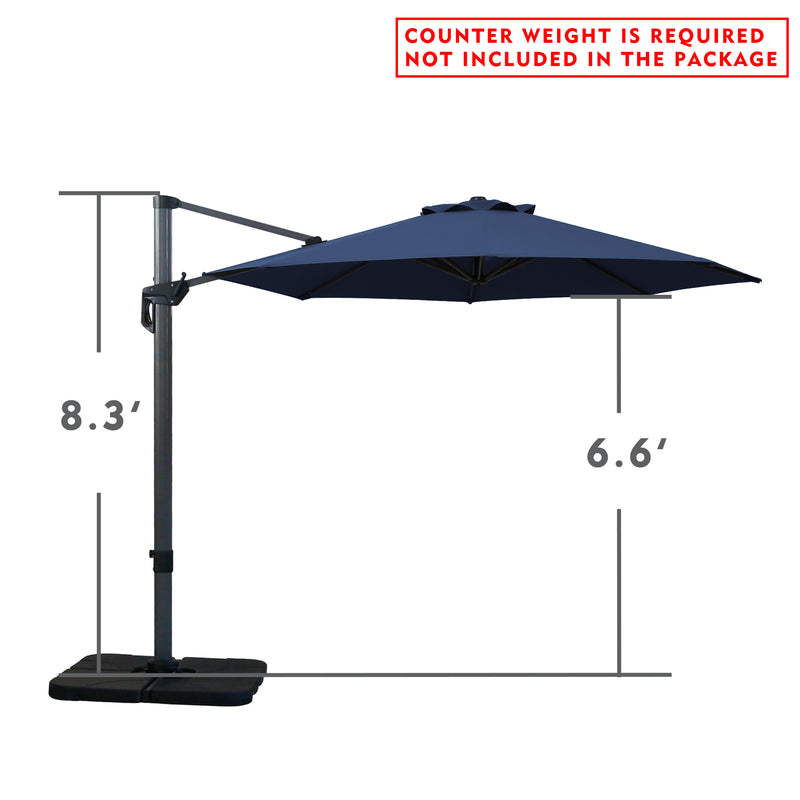 Side - view illustration of a beige cantilever patio umbrella with dimensions. The height of the pole is 8.3 feet and the width of the canopy is 6.6 feet. Note: Counter weight is required and not included in the package.
Diagram showing the measurements of an outdoor offset umbrella. The pole stands at 8.3 feet and the canopy spans 6.6 feet. Warning: Counter weight not provided. Cantilever Patio Umbrella Dimensions: Counter Weight Not Included. Outdoor Offset Umbrella: Size Details 
