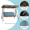 This image showcases a Kozyard outdoor swing chair. The swing features a solid triangle structure for stability. It has a canopy that is adjustable, providing shade as needed. The seat is covered with a nice striped padding, adding comfort and style. The swing is equipped with a strong spring hook for secure hanging. Kozyard Outdoor Swing Chair: Comfort, Style, and Durability. Kozyard swing chair, outdoor swing, adjustable canopy swing, striped - cushion swing, solid triangle structure swing