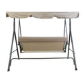 A sturdy outdoor swing chair with a metal frame, featuring a beige canopy and a cushioned seat partially covered by a beige fabric. The structure is designed in a way that provides stability, and it is suitable for outdoor relaxation areas such as patios or gardens.Sturdy Outdoor Swing Chair with Canopy for Relaxation. Sturdy Outdoor Swing Chair with Canopy for Relaxation