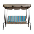 A Kozyard outdoor swing chair with a robust metal frame. It has a brown canopy providing shade, and the seat is covered with a vibrant cushion featuring blue, turquoise, and brown stripes. There is also a matching brown footrest area. Kozyard Outdoor Swing Chair: Comfort and Style for Your Patio. Kozyard swing chair, outdoor patio swing, striped - cushion swing, swing with canopy, comfortable outdoor seating