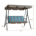 A Kozyard outdoor swing chair with a sturdy metal frame. The swing is equipped with a brown canopy and a cushioned seat featuring a striped pattern in shades of blue, teal, and brown. Dimensions are marked: 43.3 inches in width at the base, 67 inches in length, 60.2 inches in height, and 19.5 inches in seat depth.Kozyard Outdoor Swing Chair: Comfortable Seating with Dimensions.Kozyard swing chair, outdoor patio swing, striped - cushion swing, swing with canopy, swing chair dimensions.
