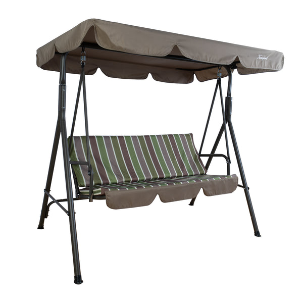 An outdoor swing chair with a sturdy metal frame. The seat features a cushion with green, brown, and white vertical stripes. Above the seat is a beige canopy that provides shade, branded with "Tangkula" on the corner. The chair is designed for relaxation, suitable for patios, gardens, or backyards.Tangkula Outdoor Swing Chair with Canopy and Striped Cushion. outdoor swing chair, swing chair with canopy, striped cushion swing chair, Tangkula swing chair, patio swing chair

