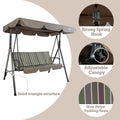 This image showcases an outdoor swing chair with a beige canopy. The swing features a solid triangle structure for stability. It has a cushioned seat with attractive striped padding. The canopy is adjustable, and the swing is equipped with a strong spring hook for secure hanging.Sturdy and Stylish Outdoor Swing Chair with Adjustable Canopy. outdoor swing chair, adjustable canopy, striped padding seats, solid triangle structure, strong spring hook