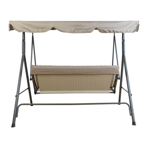 An outdoor swing chair with a metal frame, featuring a beige canopy and cushioned seating. The seat has a cover that matches the canopy, providing a cohesive look. The structure is designed for stability, making it suitable for relaxing in the garden or on the patio. Cozy Outdoor Swing Chair with Beige Canopy and Cushioned Seat. outdoor swing chair, beige canopy swing, cushioned swing seat, patio swing chair, garden swing chair