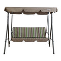 A Kozyard outdoor swing chair with a sturdy metal frame. The swing features a canopy in a muted brown color, providing shade. The seat cushion showcases a striped pattern with shades of green, brown, and white, adding a touch of style. There is also a footrest area with a matching brown cover.Kozyard Outdoor Swing Chair: Comfort and Style Combined.Kozyard swing chair, outdoor swing chair, striped - cushion swing, swing with canopy, patio swing
