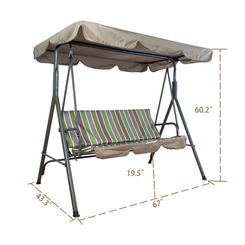 This image features an outdoor swing chair with dimensions marked. The swing has a sturdy metal frame and is equipped with a beige canopy. The seat is cushioned with a fabric that has green, brown, and white stripes. The dimensions noted are 43.3 inches in width (at the base), 67 inches in length, 60.2 inches in height, and 19.5 inches in seat depth. Outdoor Swing Chair with Dimensions - Comfort and Style. outdoor swing chair, swing chair with canopy, striped - cushion swing, patio swing chair dimensions