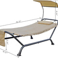 A technical drawing of an outdoor hammock with a beige fabric bed, a small cushion, and a canopy. The hammock has a black metal frame, a side pocket, and fringed edges on the fabric. Dimensions such as 92.72", 35.04", 59.06", etc., are marked, indicating various parts of the structure.Outdoor Hammock with Canopy: Dimension Diagram. outdoor hammock, hammock with canopy, beige fabric hammock, metal - framed hammock
