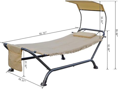 A technical drawing of an outdoor hammock with a beige fabric bed, a small cushion, and a canopy. The hammock has a black metal frame, a side pocket, and fringed edges on the fabric. Dimensions such as 92.72", 35.04", 59.06", etc., are marked, indicating various parts of the structure.Outdoor Hammock with Canopy: Dimension Diagram. outdoor hammock, hammock with canopy, beige fabric hammock, metal - framed hammock
