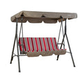 A Kozyard outdoor swing chair with a sturdy metal frame. It features a brown canopy providing shade and a cushioned seat with a vibrant pattern of vertical red, grey, and white stripes. There is also a matching brown footrest area. Kozyard Outdoor Swing Chair: Stylish Seating for Your Patio. Kozyard swing chair, outdoor patio swing, striped - cushion swing, swing with canopy, outdoor relaxation furniture
