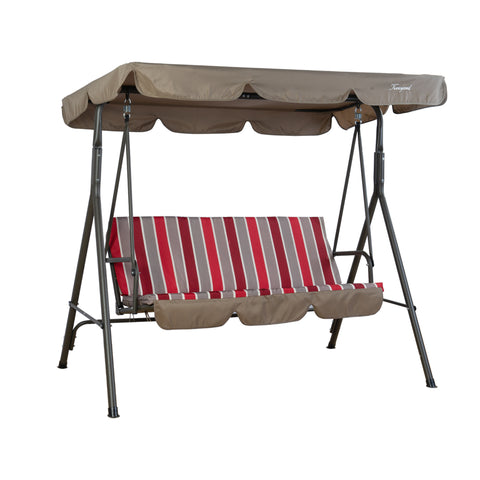 A Kozyard outdoor swing chair with a sturdy metal frame. It features a brown canopy providing shade and a cushioned seat with a vibrant pattern of vertical red, grey, and white stripes. There is also a matching brown footrest area. Kozyard Outdoor Swing Chair: Stylish Seating for Your Patio. Kozyard swing chair, outdoor patio swing, striped - cushion swing, swing with canopy, outdoor relaxation furniture