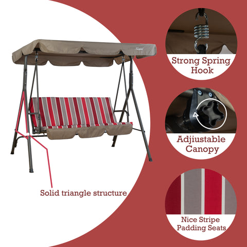 This image highlights a Kozyard outdoor swing chair. It features a solid triangle structure for enhanced stability. The swing is equipped with a strong spring hook for secure hanging and an adjustable canopy for customizable shade. The seating area is covered with a nice striped padding, adding both comfort and a stylish look. Kozyard Outdoor Swing Chair: Stability, Comfort, and Style. Kozyard swing chair, outdoor swing, solid triangle structure, adjustable canopy swing, striped - cushion swing.